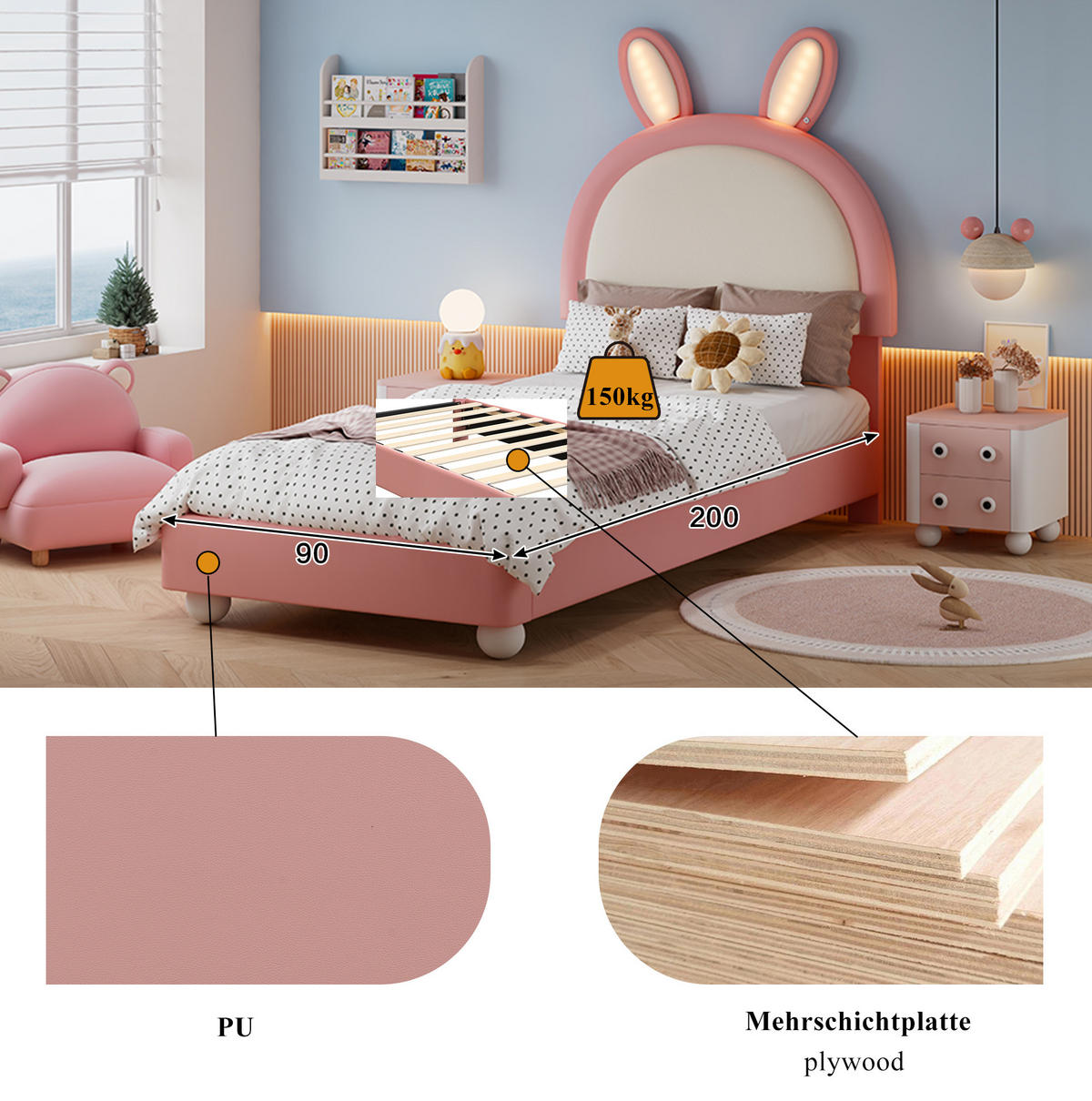 KINDERBETT aus PU 90x200 cm Rosa+Weiß mit Hasen-Kopfteil und LED-Beleuchtung - Weiß, Kunststoff (90/200cm) - IVMEU