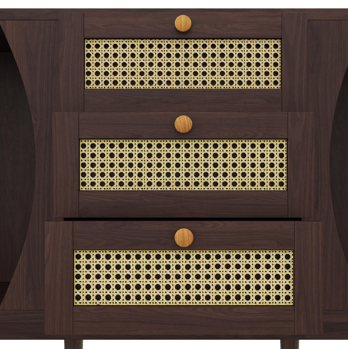 KOMMODE aus Spanplatte 140,5x40x76cm in Walnussfarben mit Rattan-Schubladen - Walnussfarben, Holzwerkstoff (140.5/76/40cm) - Modfu