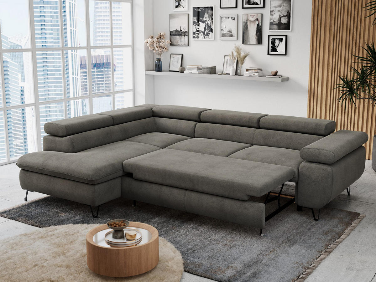ECKSOFA PETER L Dunkelgrau Velvet - Links Seite - Dunkelgrau/Schwarz, Textil/Metall (208/273cm) - MKS
