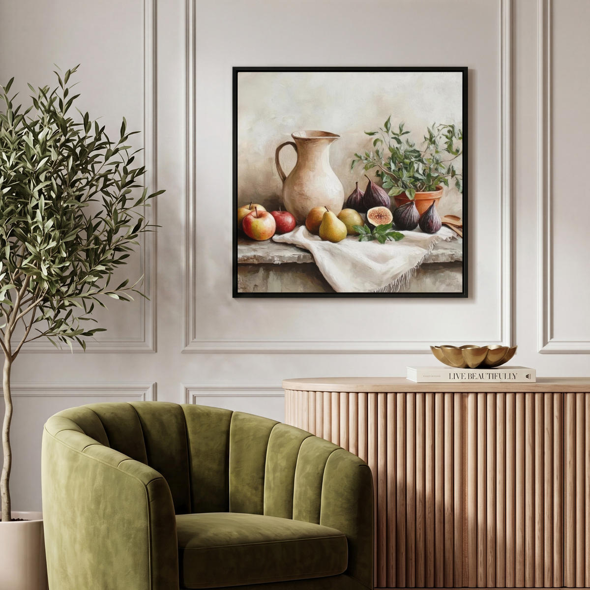 LEINWAND Bilder mit Rahmen - Obst - Kräuter - Ländlich - 50x50 - Naturfarben, Textil (50/50cm) - MuchoWow