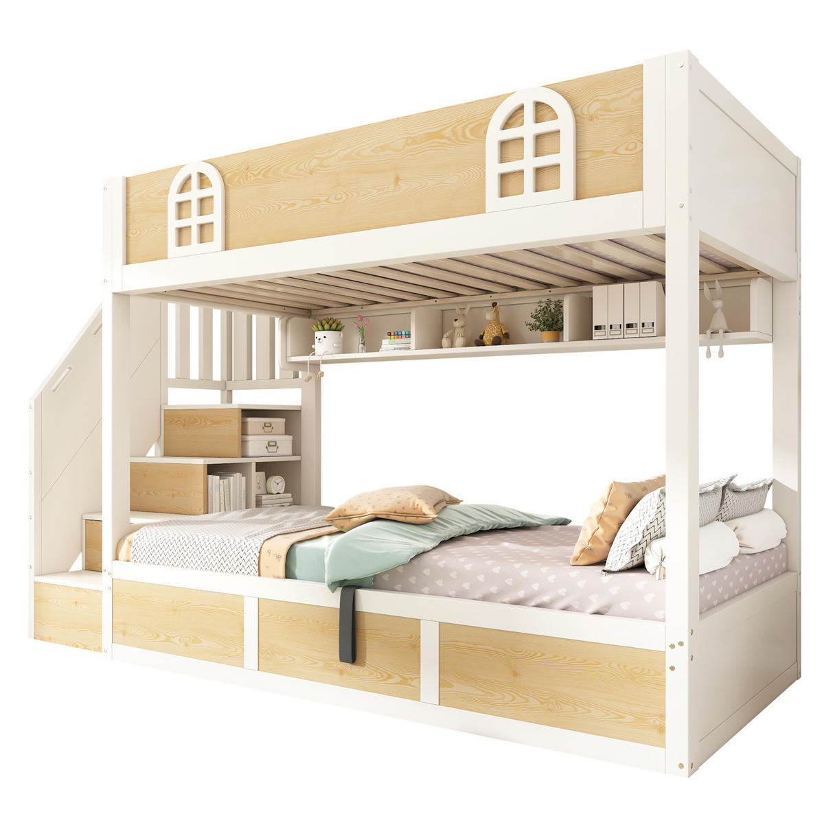 ETAGENBETT aus Holz und Metall 90x200 cm Weiß/Natur mit Treppenschrank und Stauraum - Naturfarben, Holzwerkstoff (90/200cm) - IVMEU