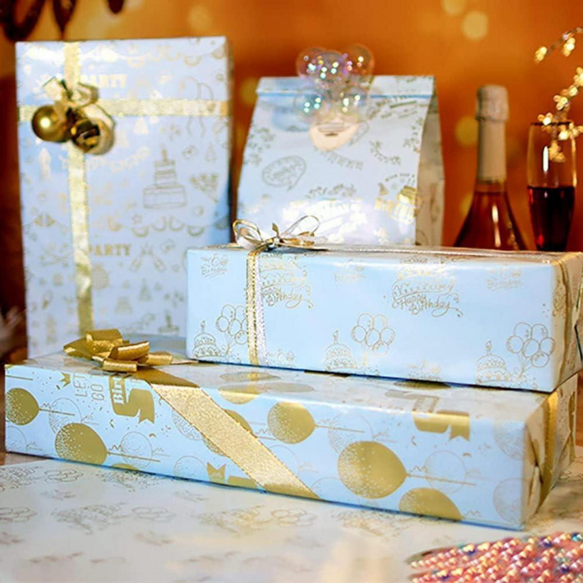 GESCHENKPAPIER Set 6 Blatt Goldmuster 70 x 50 cm - Blau, Papier (50/0.1/70cm)