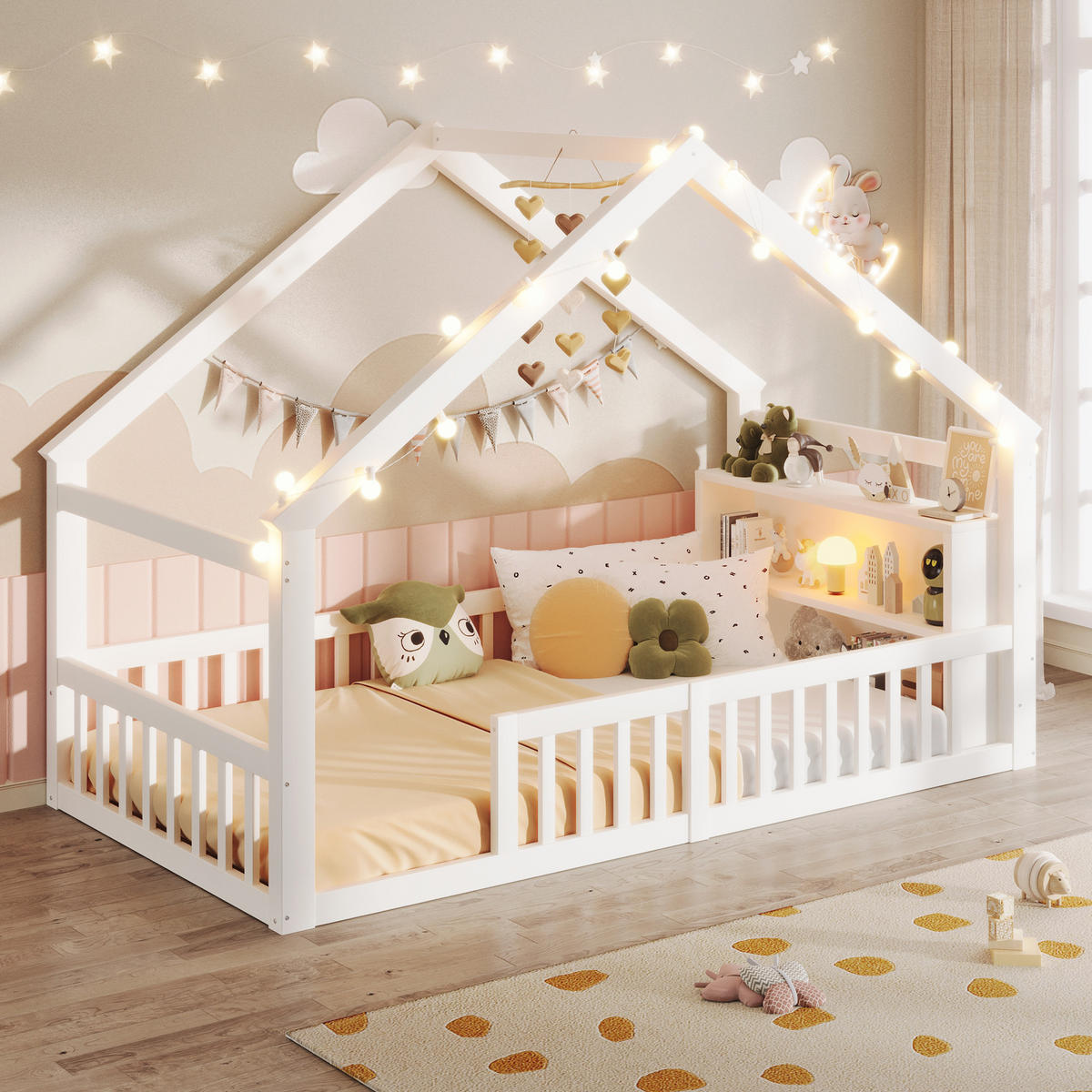 HAUSBETT 90/190 cm in Weiß mit Regal und LED im Cottage-Design - Weiß, Holzwerkstoff (90/190cm) - STILVORA