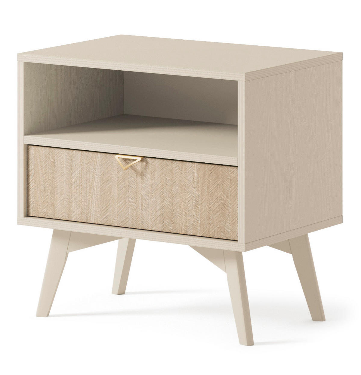 NACHTTISCH Silva in der Farbe Sandbeige + Scandi-Fischgrätmuster mit Ablage und Schublade - Beige/Goldfarben, Holz/Holzwerkstoff (54/54/38cm) - Ravio
