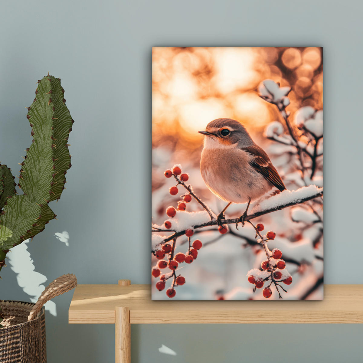 LEINWANDBILD Vogel - Zweig - Winter - Tiere - Schnee 20x30 cm - Bernsteinfarben, Textil (20/30cm) - MuchoWow