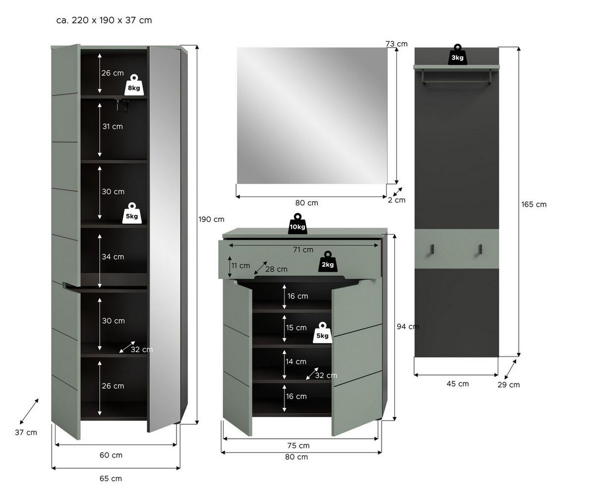 GARDEROBE Nova 4-tlg. (B/H/T: ca. 220/190/37 cm) in Basalt grau/Smoke Green - Grau, Holzwerkstoff (220/190/37cm)