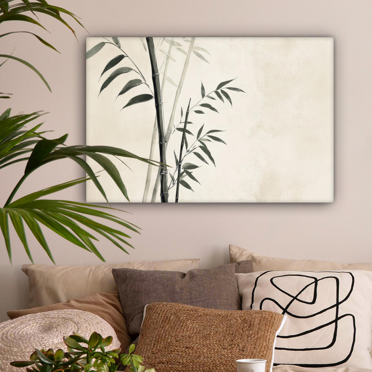 LEINWANDBILD Japandi - Bambus - Beige Gemälde 60x40 cm - Eukalyptusholzfarben, Textil (60/40cm) - MuchoWow