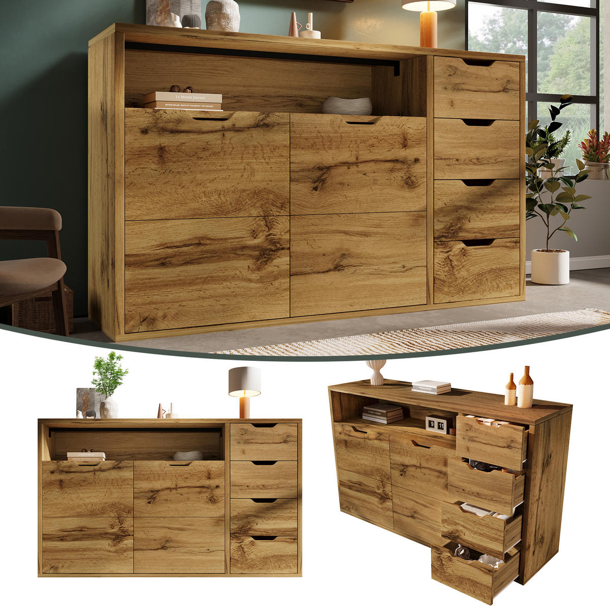 SIDEBOARD Oak 150/40/90 cm mit 2 Türen und 4 Schubladen - Eichefarben, Holz (150/90/40cm) - PANGIVO