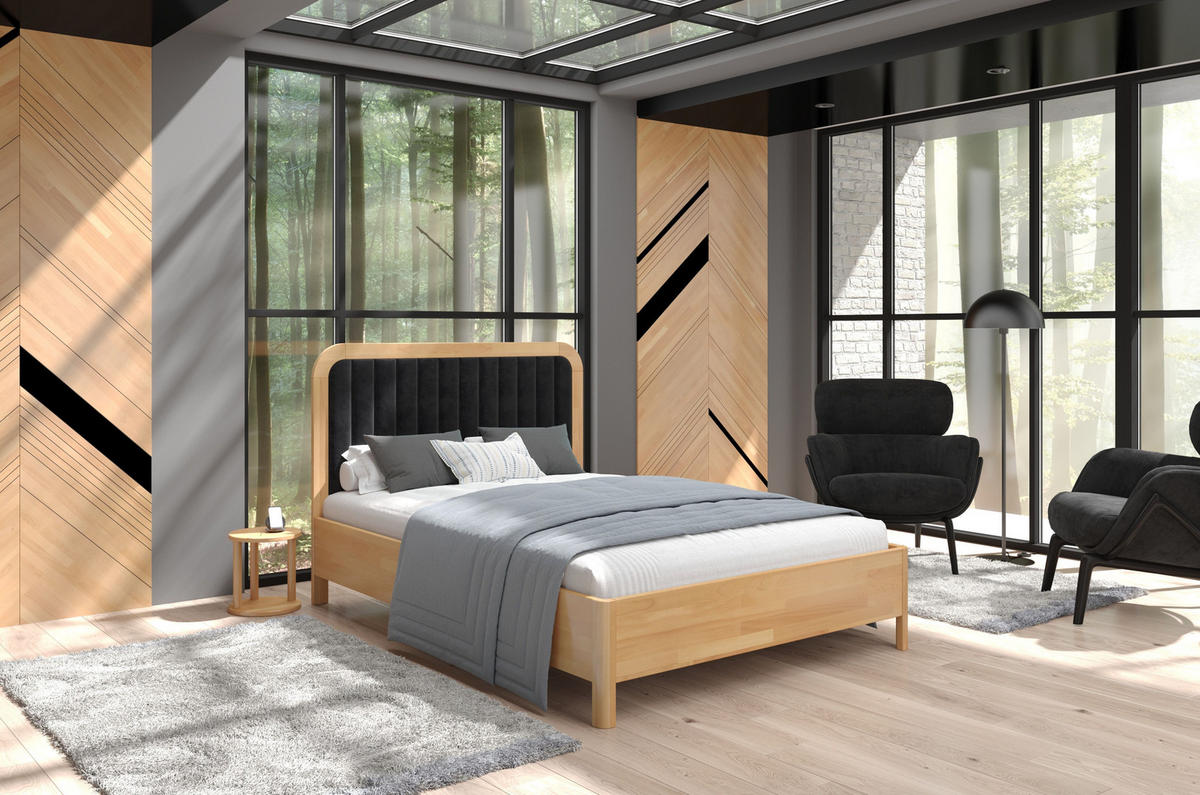 MASSIVHOLZBETT Modena, gepolstertes Kopfteil, Buche - lackiert, Naturfarben/Schwarz, 140x200 - Buchefarben/Schwarz, Holz/Buchenholz (140/200cm) - Visby