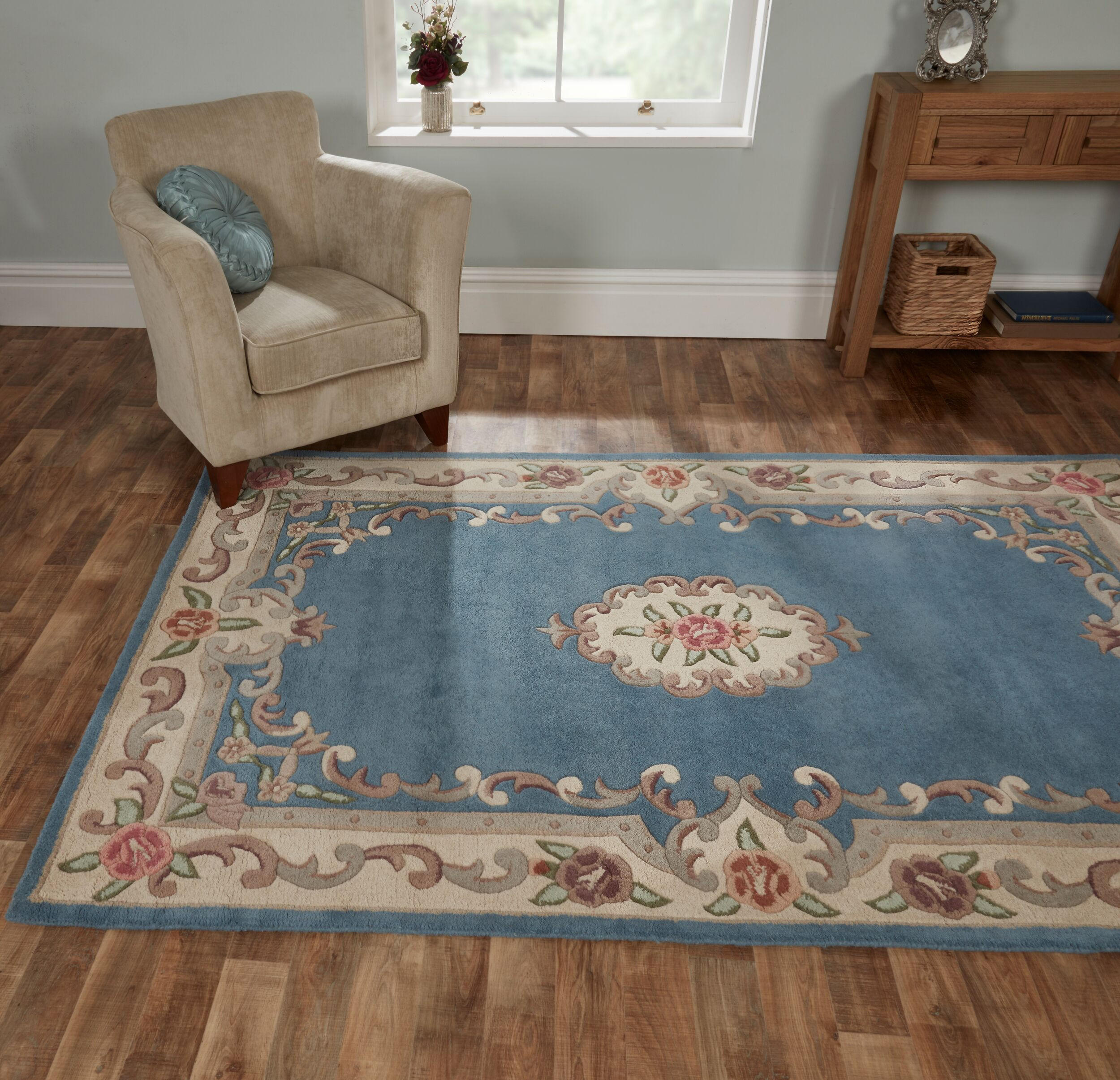 WOLLTEPPICH Aubusson-Muster handgeknüpft BEAULY, Blau-Beige 150x240 cm - Blau, Textil (150/240cm) - KADIMA DESIGN