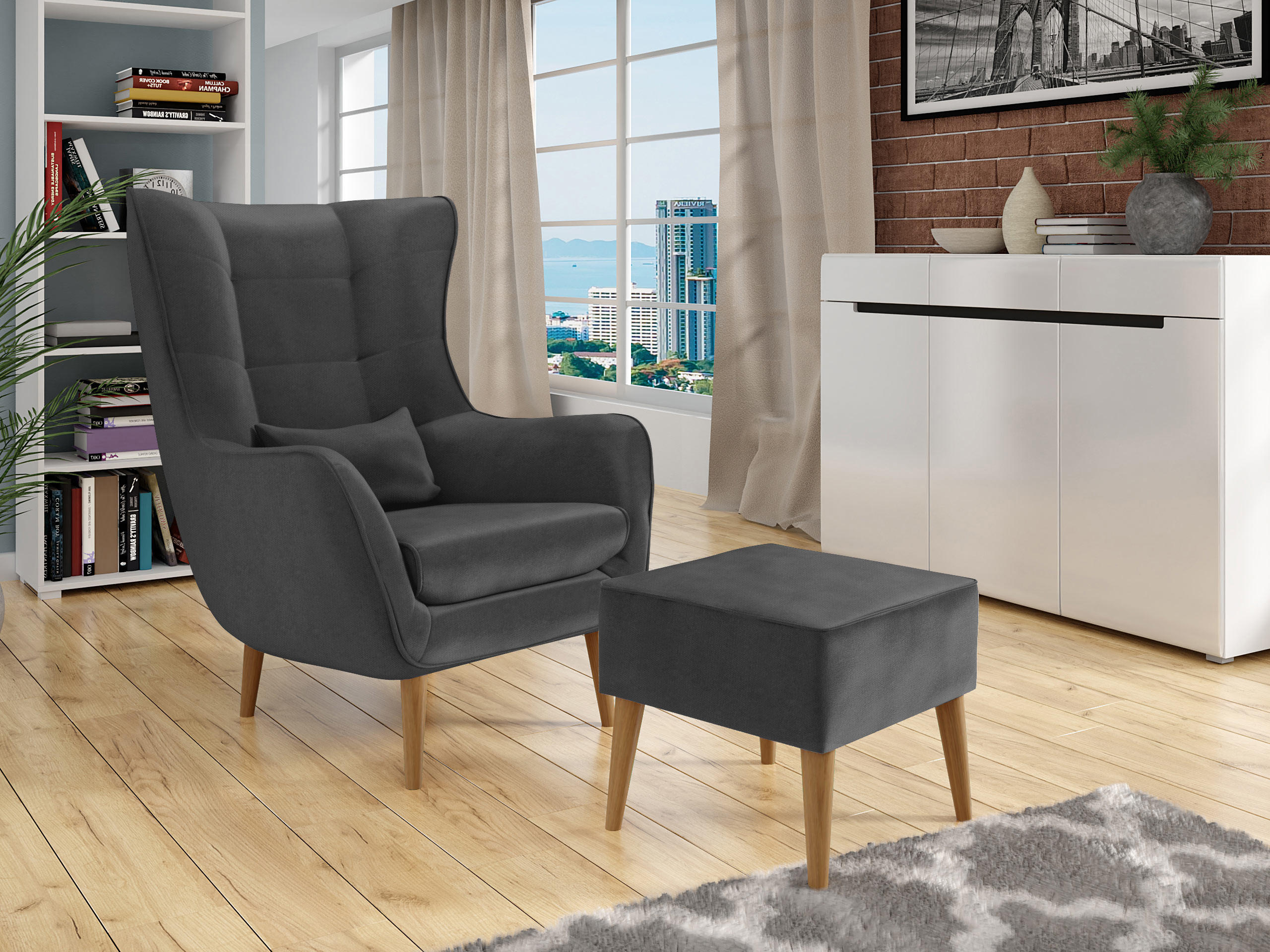 SESSEL Estjano mit Fußbank - Beige/Grau, Holz/Textil (80/106/95cm) - MIRJAN24