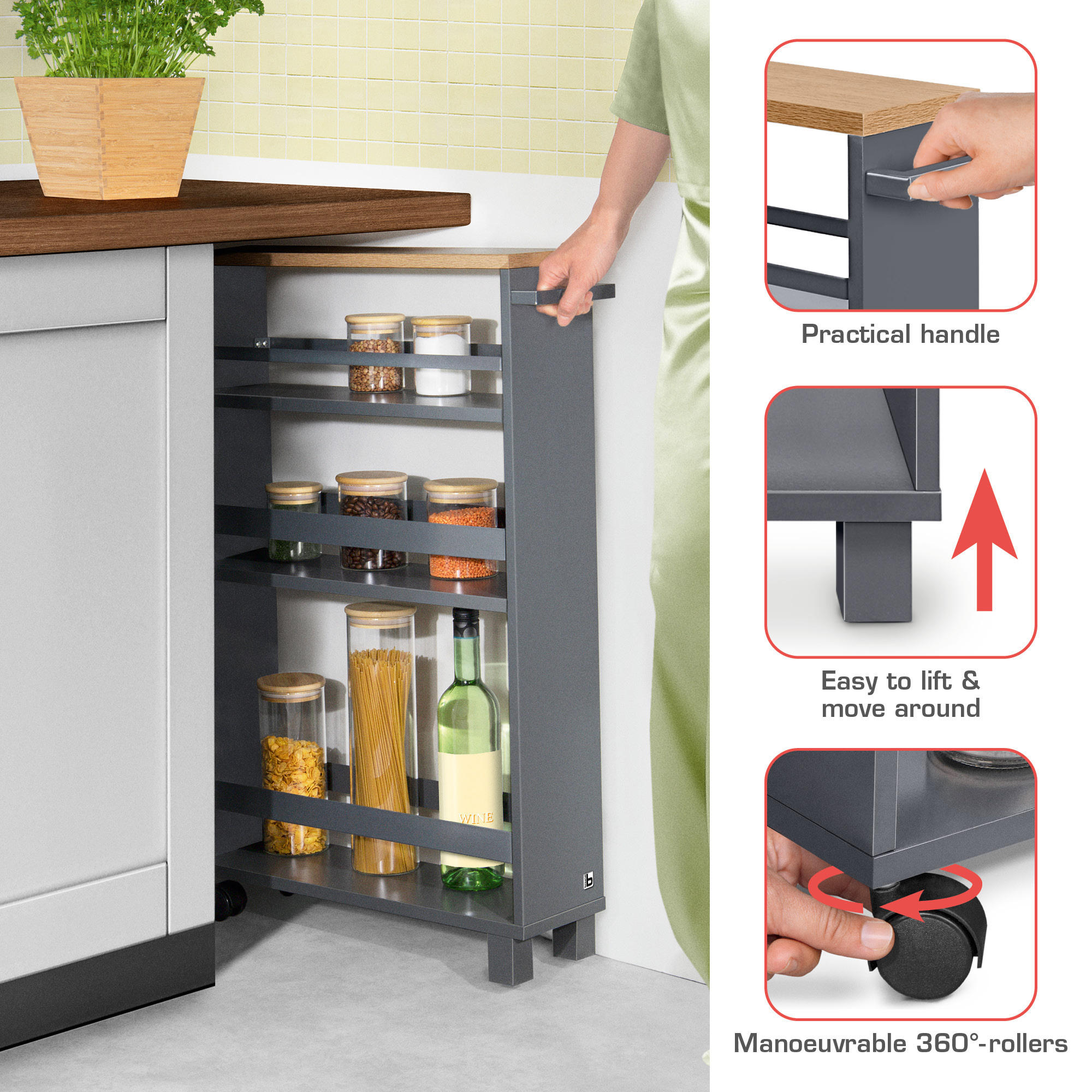 Thumbnail - BoMoe Nischenwagen, Anthrazit, Metall, 15x79x50 cm, Esszimmer, Servierwagen