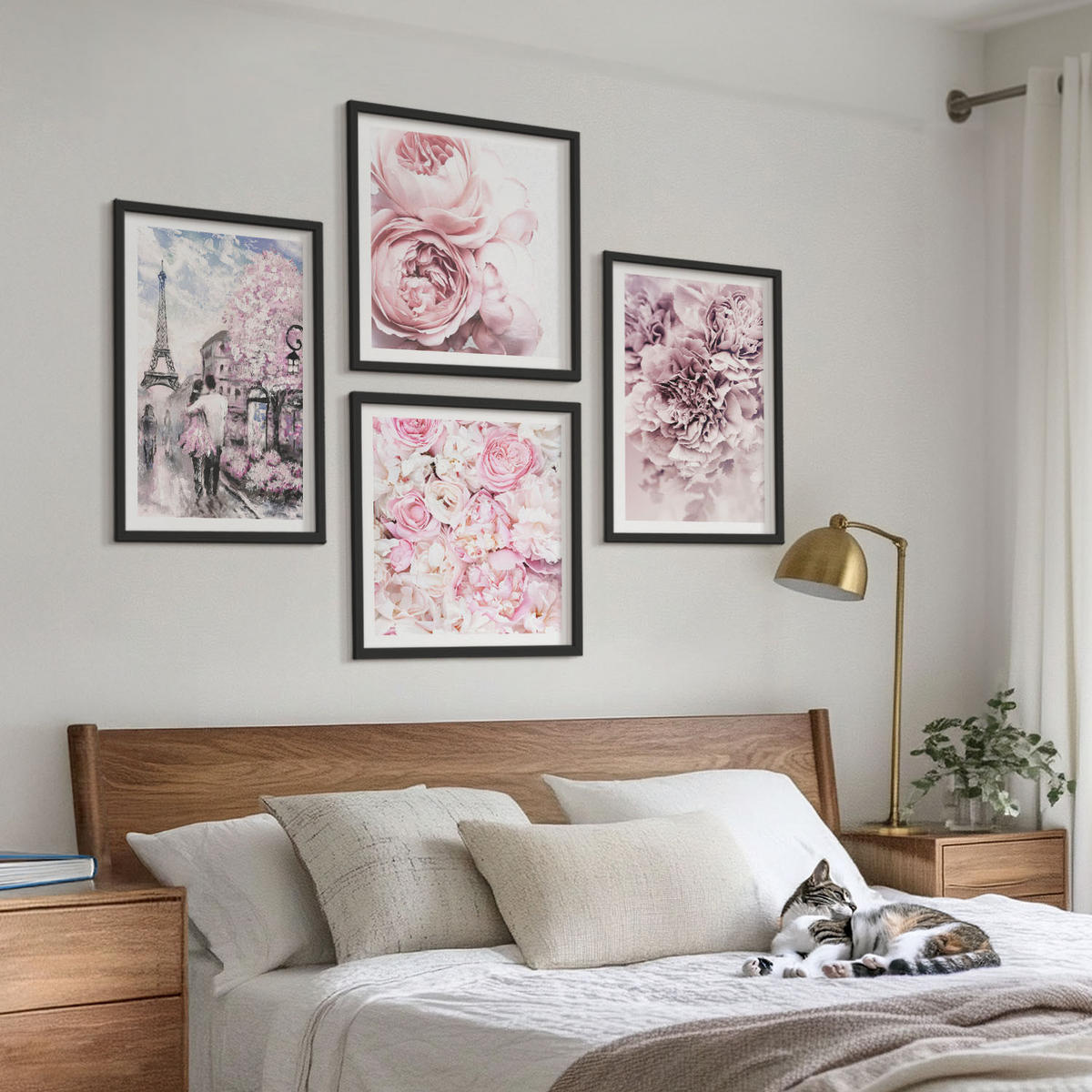 WANDBILDER 4er-Set - 50x50 cm & 40x60 cm Schwarzer Rahmen - Rosa Blumen, romantische Landschaft - Schwarz, Kunststoff (50/50cm) - ArtPrintCave