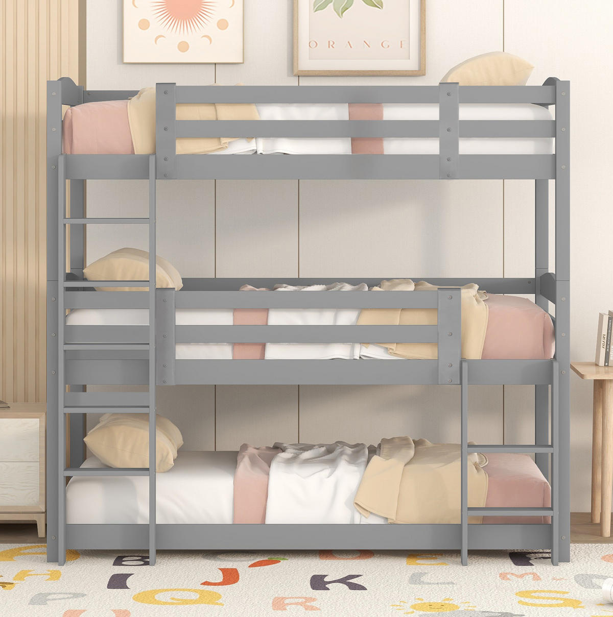 ETAGENBETT für 3 Personen 90x200 cm Kiefernholz Grau - Grau, Holzwerkstoff (90/200cm) - Beauniv