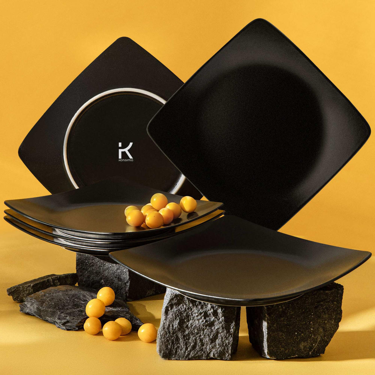 TELLERSET EPIRI Speiseteller 6 Personen 6-tlg - Schwarz, Keramik (25cm) - KONSIMO®
