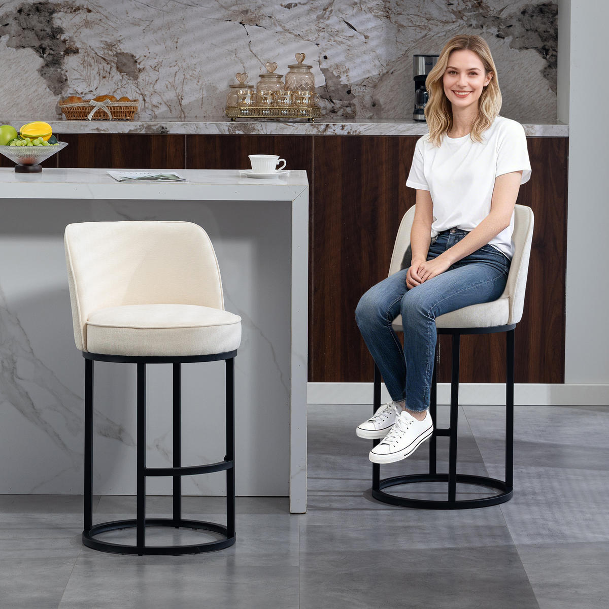 BARHOCKER 2er-Set mit Leinenbezug und Metallbeinen, Beige - Beige, Textil (46.5/88.5/49.5cm)