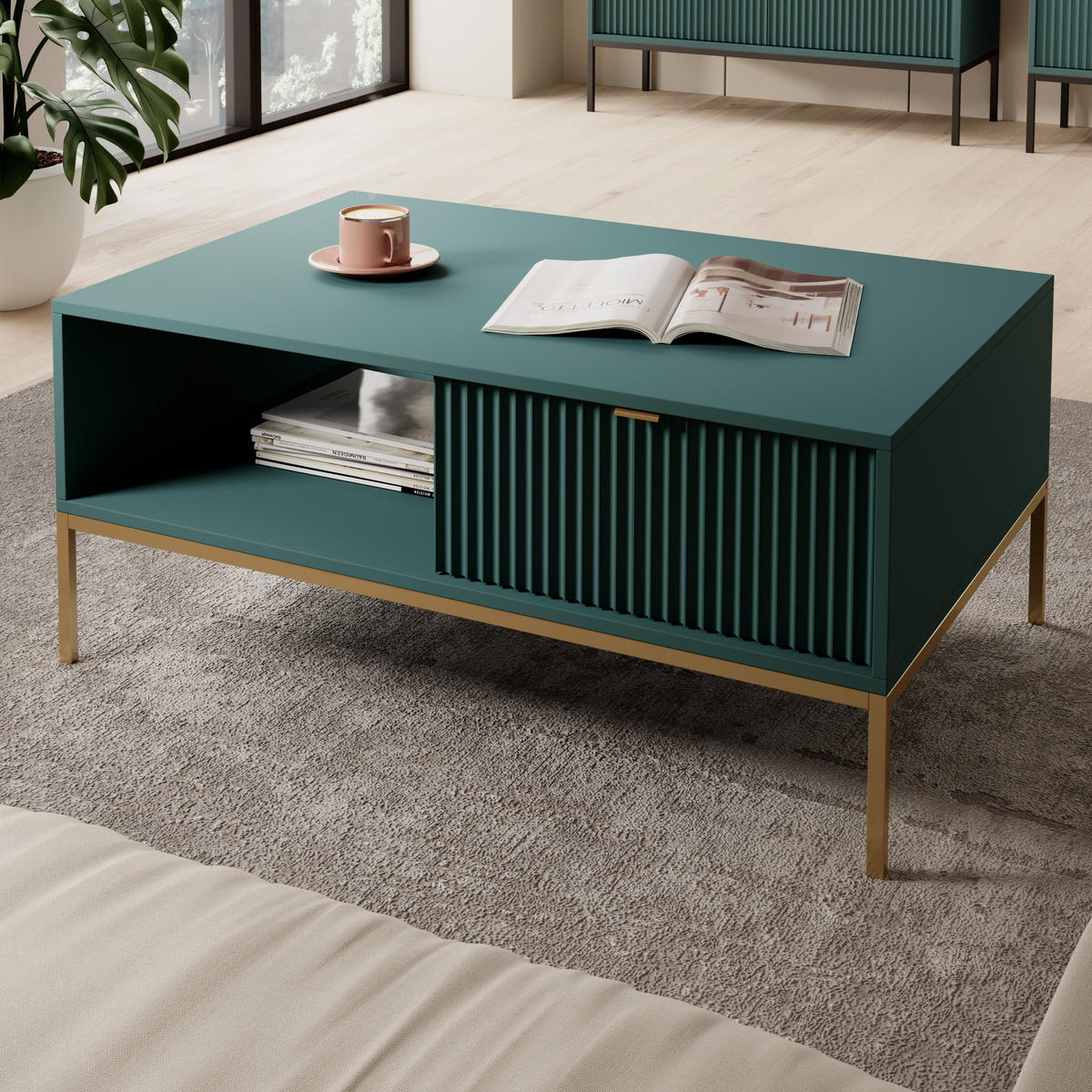 GRÜNER Moderner Geriffelter Couchtisch KIOTO Ł2SZ (Gold Gestell, Vollauszug) - Kaschmir/Goldfarben, Holz/Holzwerkstoff (68/104/46cm) - Ravio