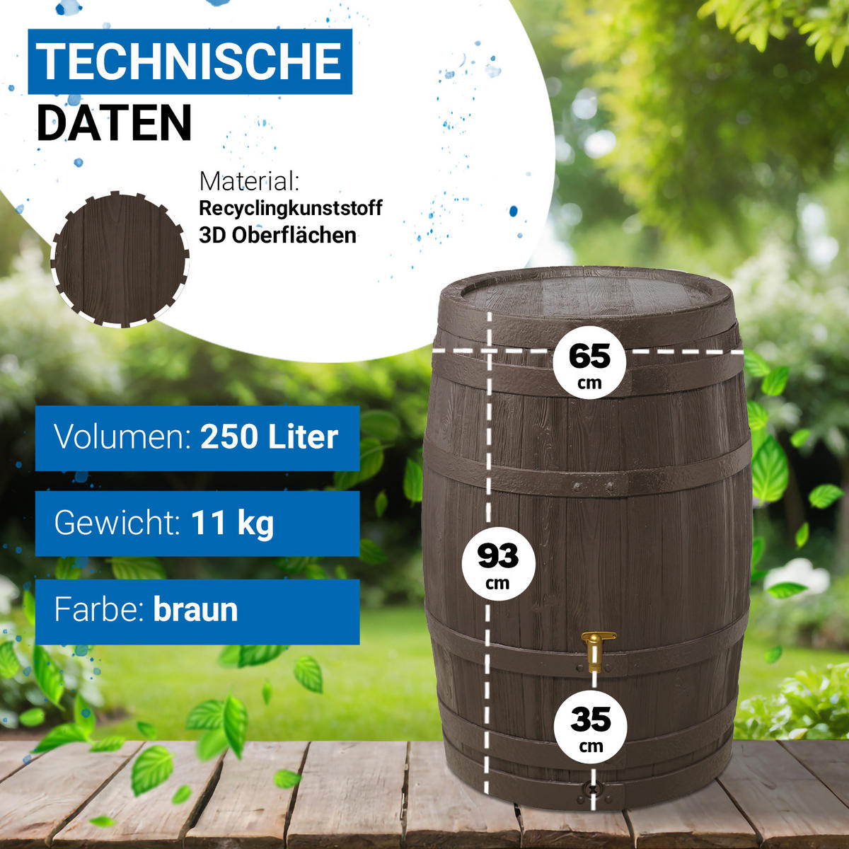 REGENFASS Komplett-Set 250 L braun inkl. Kunststoff-Auslaufhahn und Fallrohranschluss - Braun, Kunststoff (65/93/66cm) - 4rain