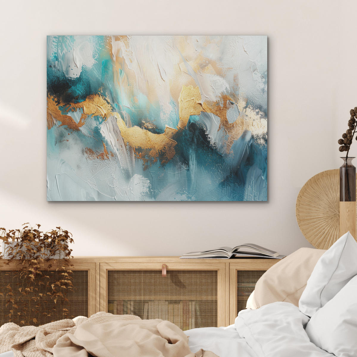 AKUSTIKPANEEL Abstrakt - Kunst - Gold - Blau 80x60 cm - Petrol, Textil (80/0.9/60cm) - MuchoWow