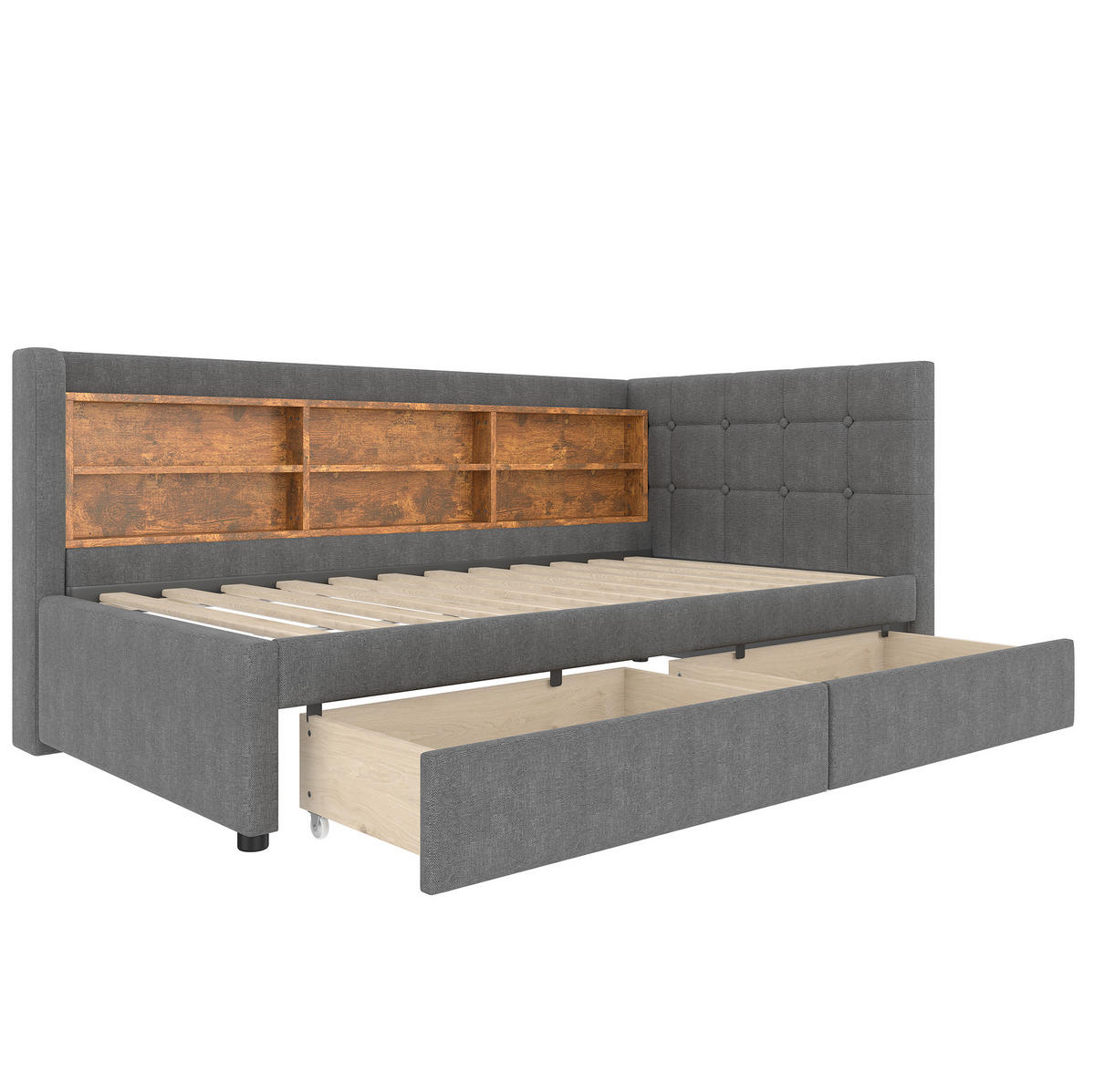POLSTERBETT 90/200 cm grau aus Leinen mit 2 Schubladen und USB-Anschluss - Grau, Textil (90/200cm) - OKMYHOME