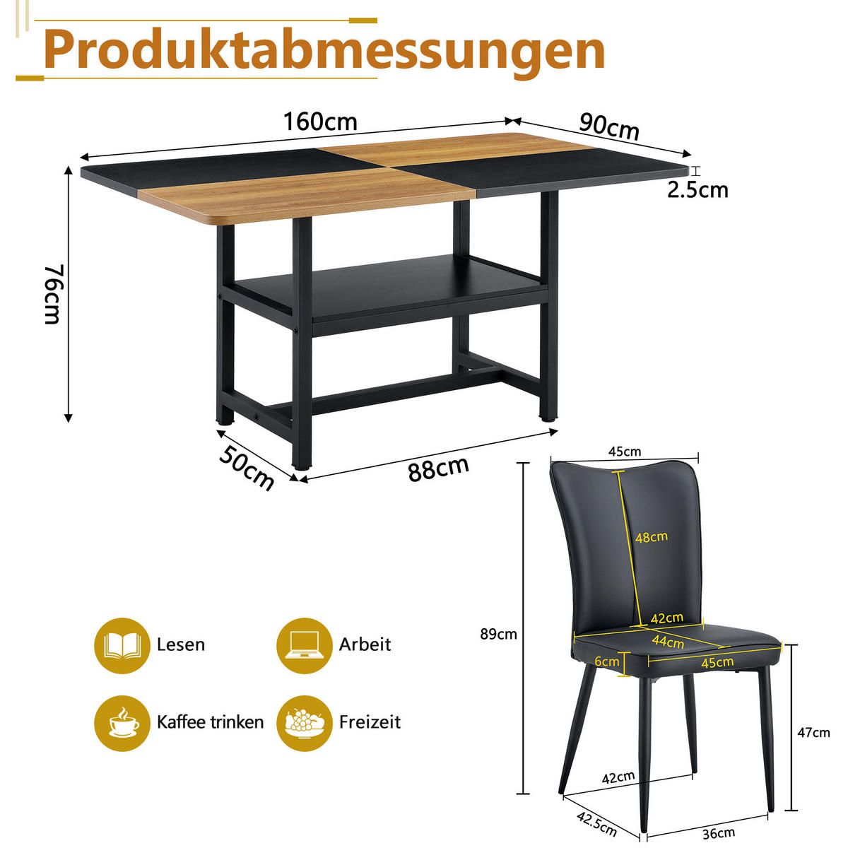ESSGRUPPE DE-39364 5-teilig, mit 4 PU-Sesseln Schwarz - Schwarz, Holzwerkstoff (160/76/90cm) - ComfortXL
