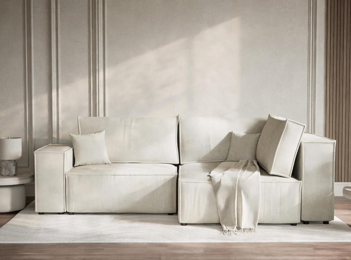 ECKSOFA MIT SCHLAFFUNKTION Tonga Creme Webstoff - Creme/Schwarz, Holz/Holzwerkstoff (255/105cm) - Maison de Reve