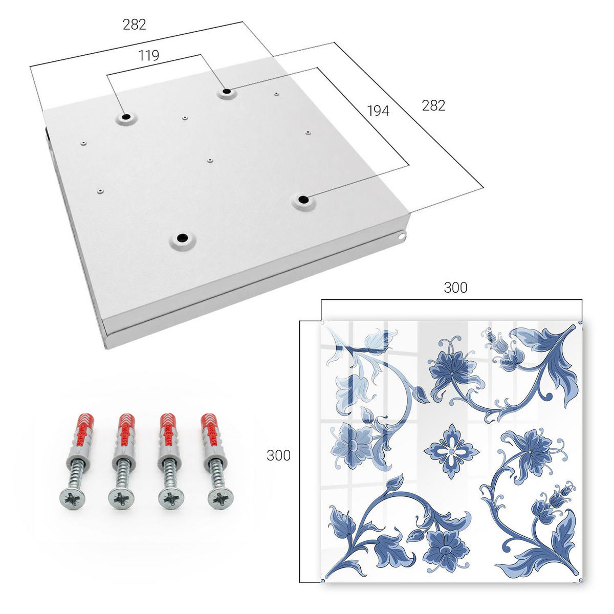SCHLÜSSELBOX Weiß 30x30 cm – Türöffnung nach rechts - Blumenmuster - Blau, Metall (30/30/5cm) - TULUP