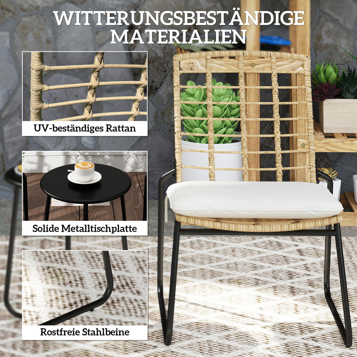 BISTRO-SET DE-06734 2 Stühle & Tisch mit Metallplatte Beige/Braun - Beige, Kunststoff/Metall - ComfortXL