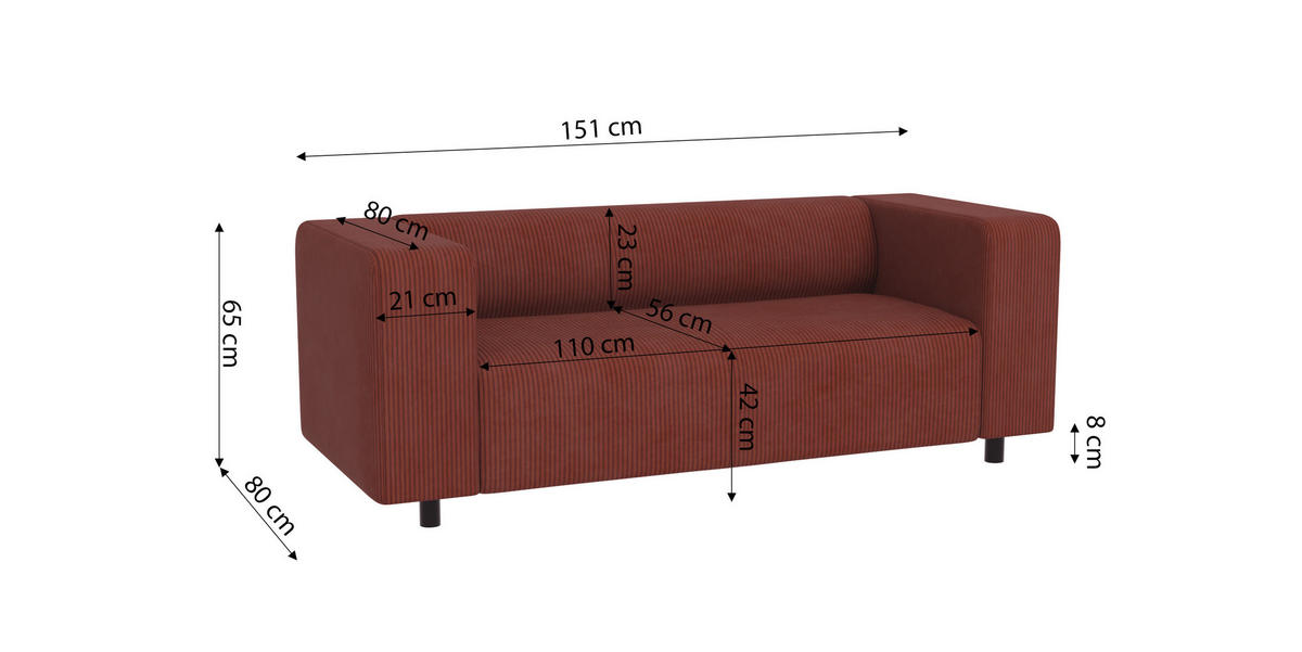 SITZGARNITUR 3+2+1 Tove Terrakotta Cord - Terra cotta/Schwarz, Holz/Kunststoff (175/65/80cm) - S-Style Möbel