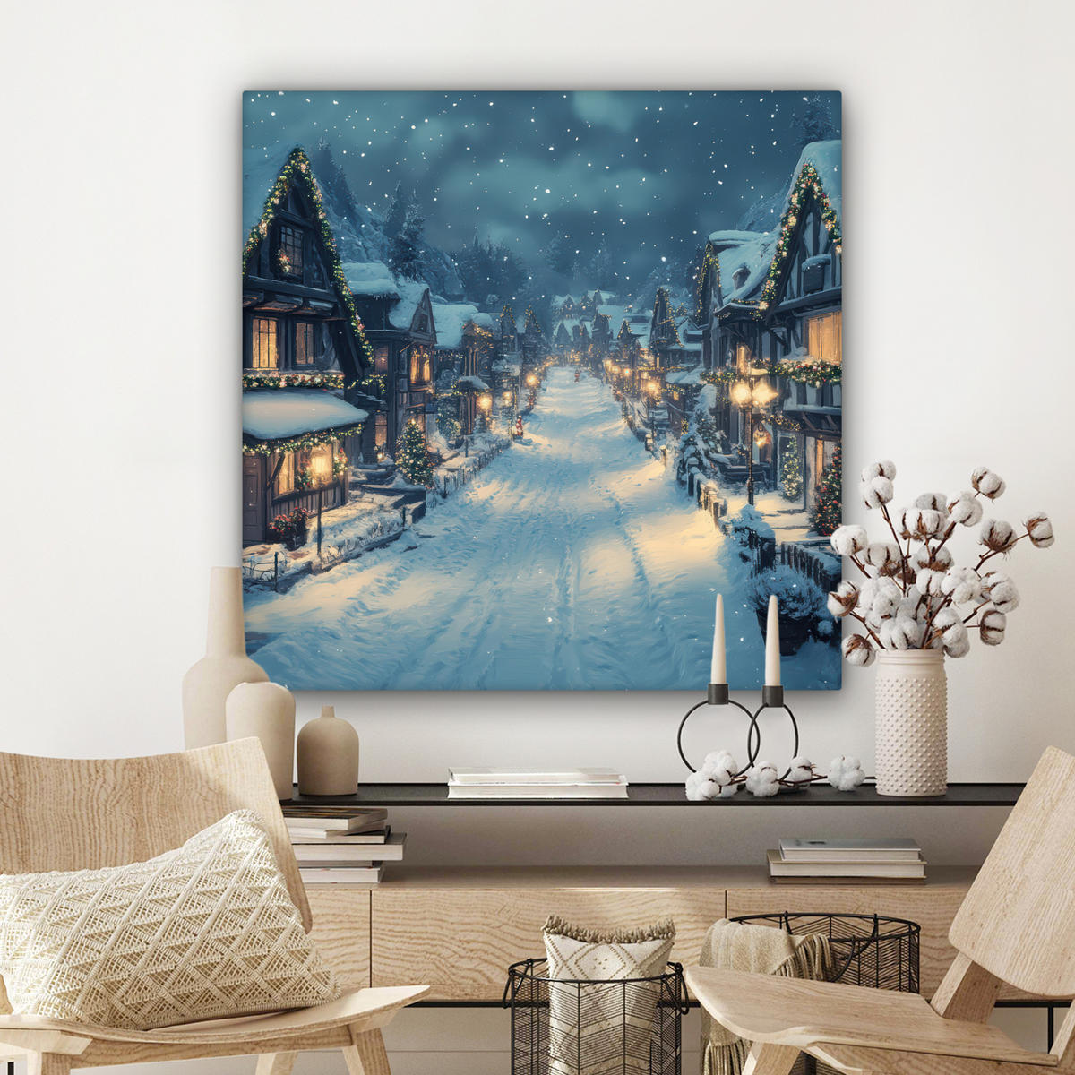 LEINWANDBILD Weihnachtsdorf - Weihnachten - Schnee - Winter Deko Groß 90x90 cm - Dunkelblau, Textil (90/90cm) - MuchoWow