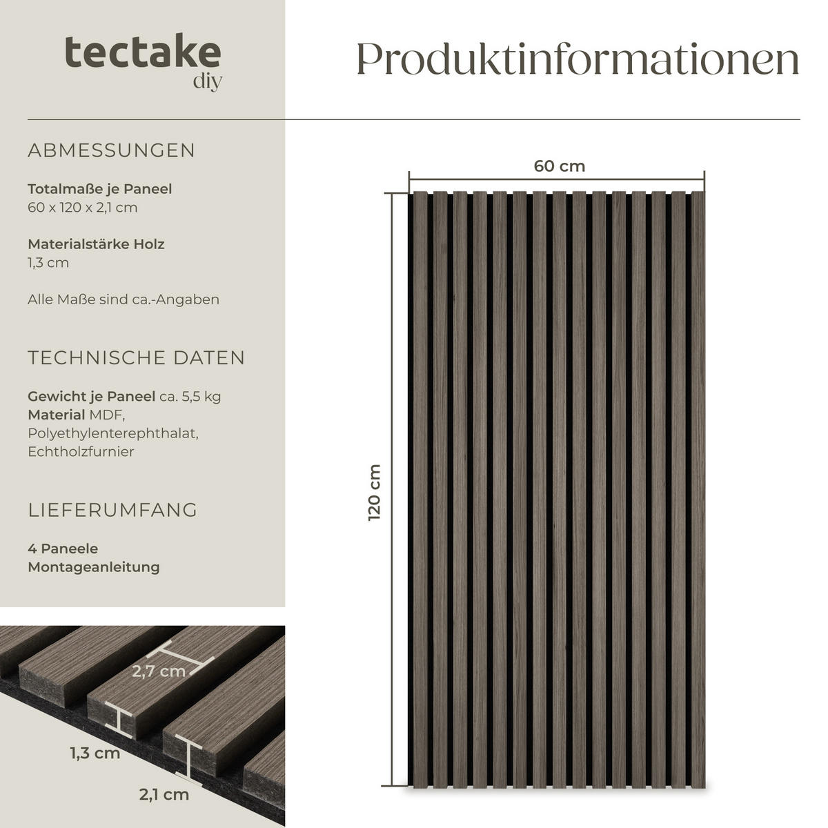 AKUSTIKPANEELE 4er Set Sonic Wall,je 60 x 120 x 2,1 cm, Größe flexibel anpassbar,Eiche grau - Grau/Silbereichenfarben, Holz (60/120/120cm) - tectake
