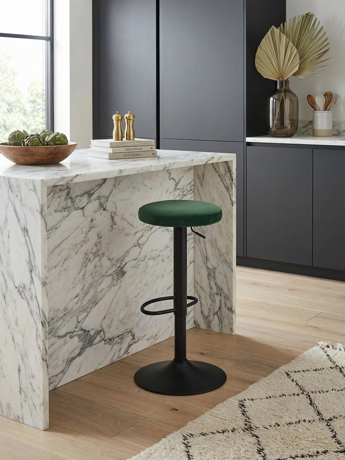 BARHOCKER Höhenverstellbar Eisen Samt Drehbar CAMPANIA, Grün 40x40x79 cm - Schwarz/Grün, Textil/Metall (40/79/40cm) - KADIMA DESIGN