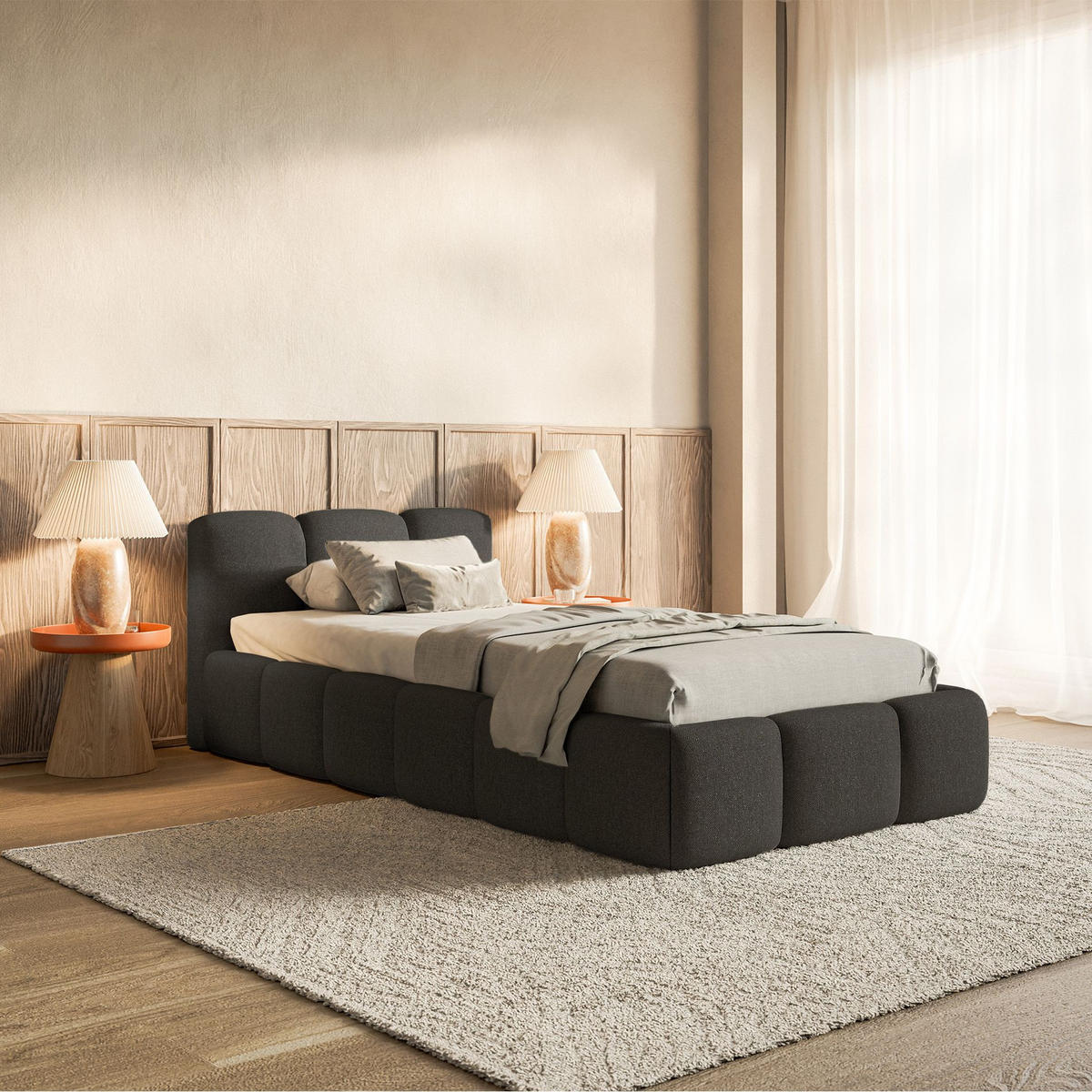 POLSTERBETT Cloudy Low Graphit Chenille, Bettkasten & Lattenrost, 90x200 cm - Schwarz/Graphitfarben, Kunststoff/Textil (90/200cm) - Selsey