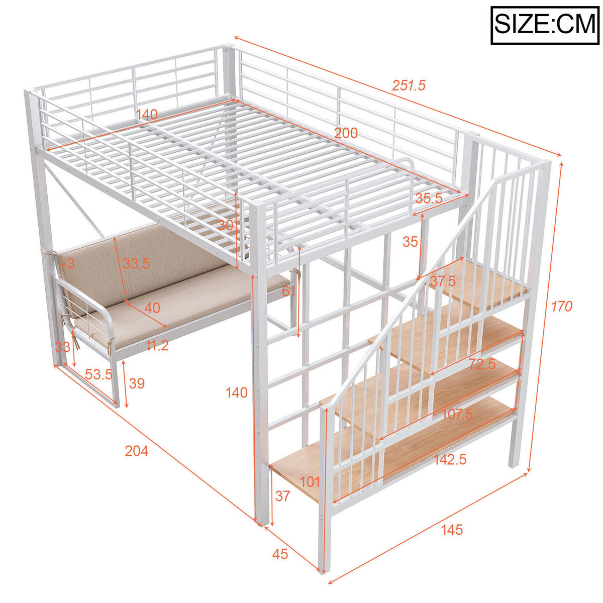 HOCHBETT 140/200 cm aus Metall/MDF mit Stauraumtreppe und abnehmbarem Polstersofa Weiß - Weiß, Metall (140/200cm) - Modenvie