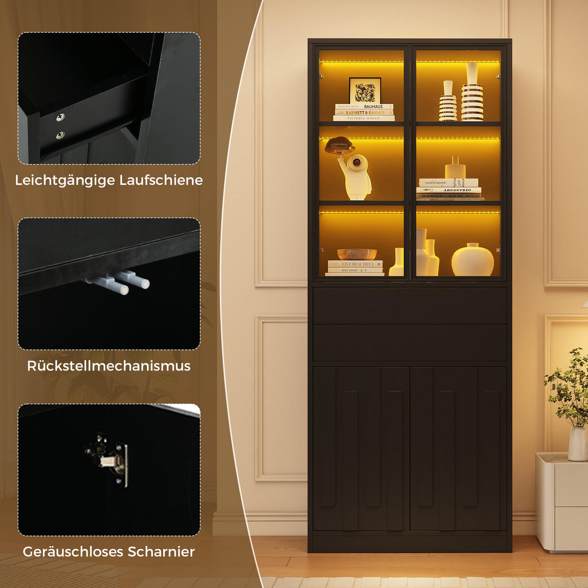 VITRINE 2er-Set 140x34x180 cm Schwarz LED Glastüren - Schwarz, Holzwerkstoff (140/180/34cm) - FLIEKS