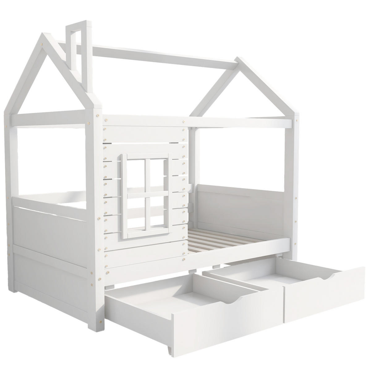 KINDERBETT Hausbett 80/160 cm aus massivem Kiefernholz mit Rausfallschutz - Weiß, Holzwerkstoff (80/160cm) - BEAOK