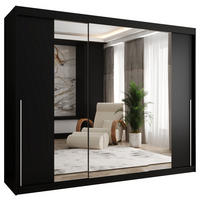SCHIEBETÜRENSCHRANK mit Spiegel 250 cm Breite, schwarz mit silbernem Griff - Silberfarben/Schwarz, Holzwerkstoff (250/200/62cm) - Home Collective