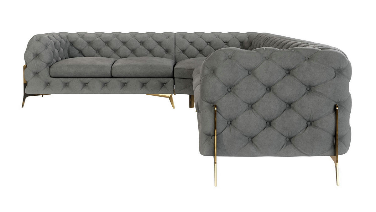 ECKSOFA Chesterfield Lexi Grau Samt, langer Schenkel rechts - Goldfarben/Grau, Holz/Textil (323/264cm) - S-Style Möbel