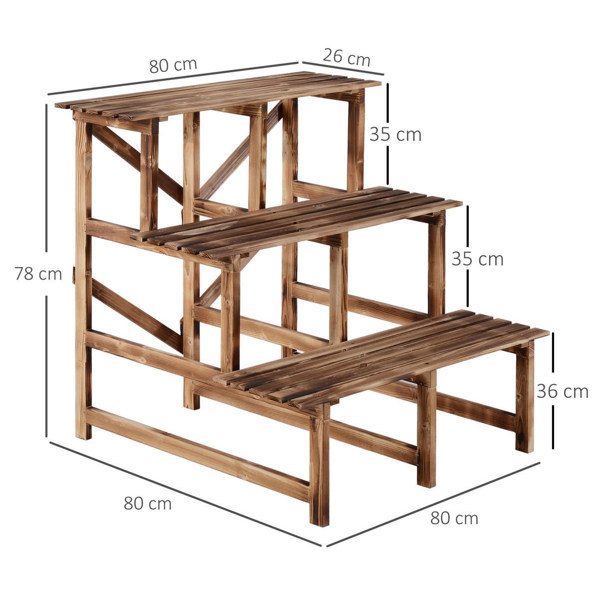 PFLANZENTREPPE Blumentreppe Blumenregal Pflanzregal, 3 Stufen, Tannenholz, Verkohlt - Dunkelbraun, Holz (80/78/80cm) - Outsunny