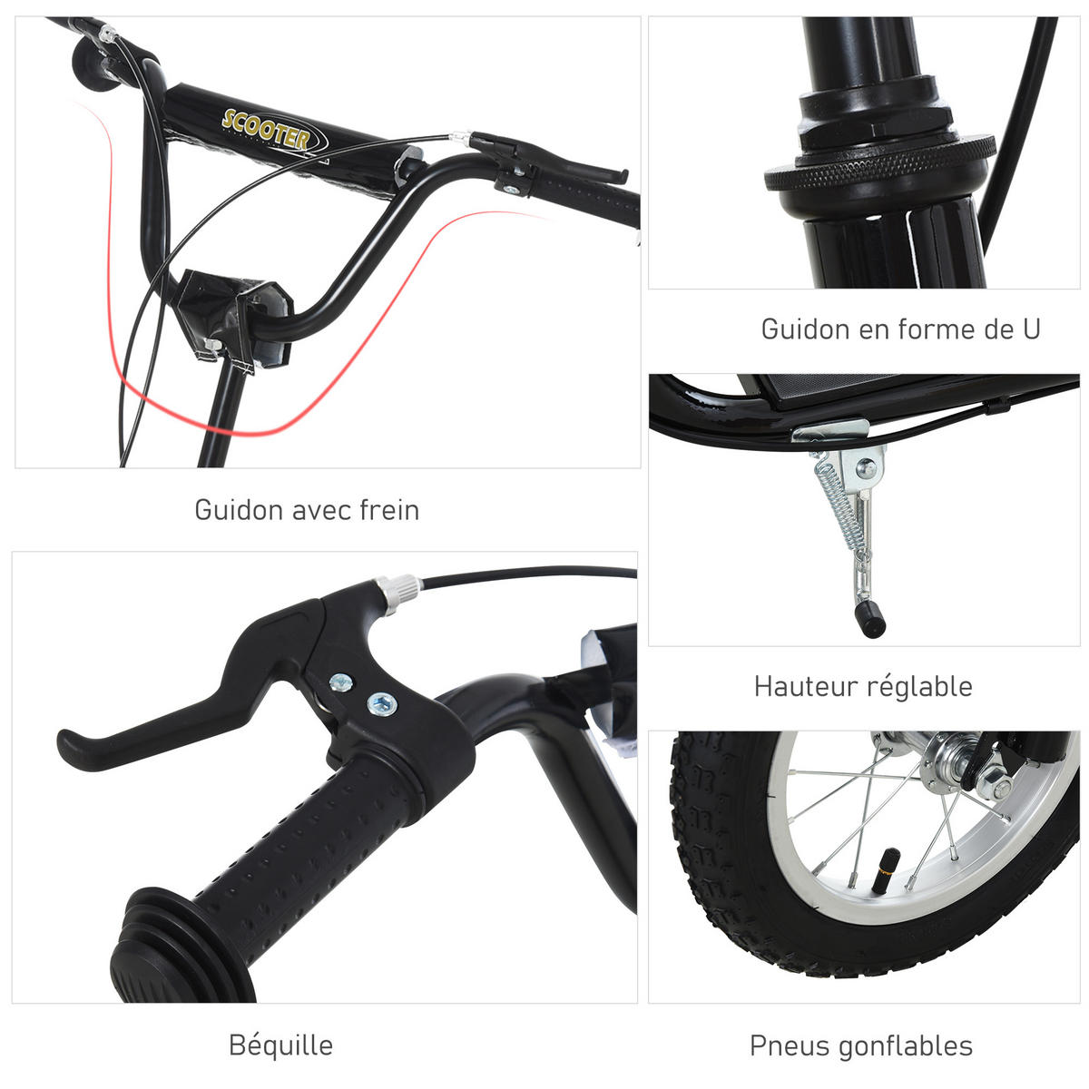 KINDERSCOOTER DE-16927 12 Zoll Luftreifen + Doppelbremse Schwarz - Schwarz, Metall (120/58/95cm) - ComfortXL