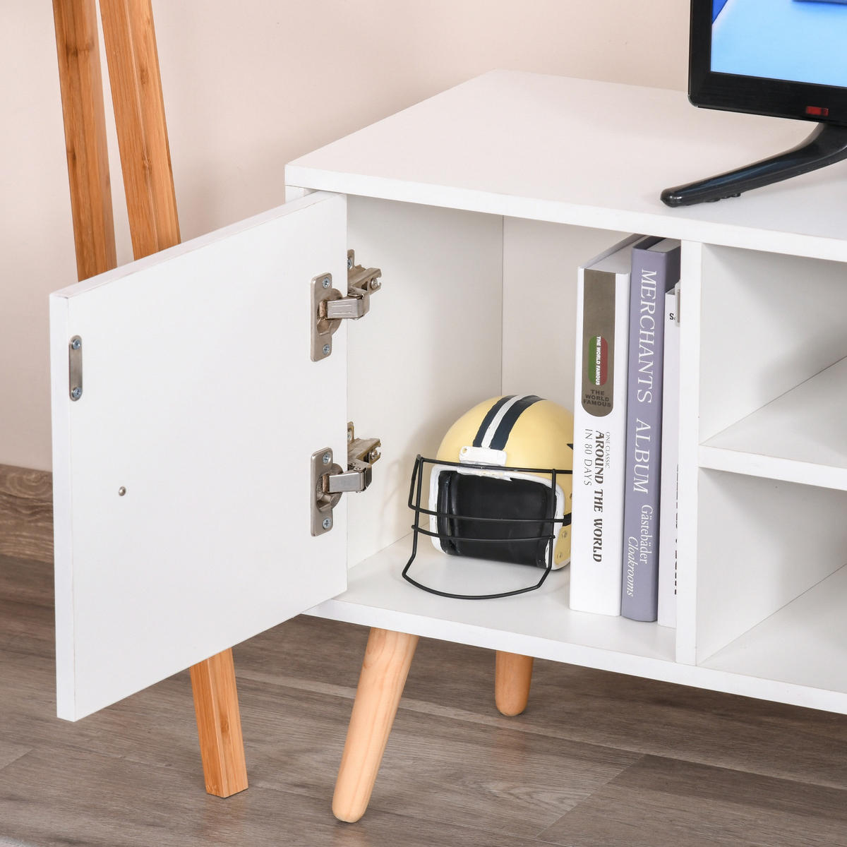 LOWBOARD DE-16075 mit Schrank, 2 Nischen & 2 Schubladen Weiß/Kiefer - Weiß, Holzwerkstoff (120/44/28cm) - ComfortXL