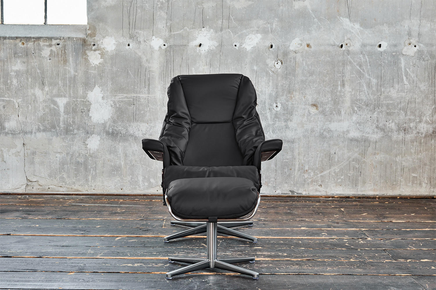 RELAXSESSEL MIT HOCKER MODO Schwarz Leder - Silberfarben/Schwarz, Leder/Metall (81/98/90cm) - KAWOLA