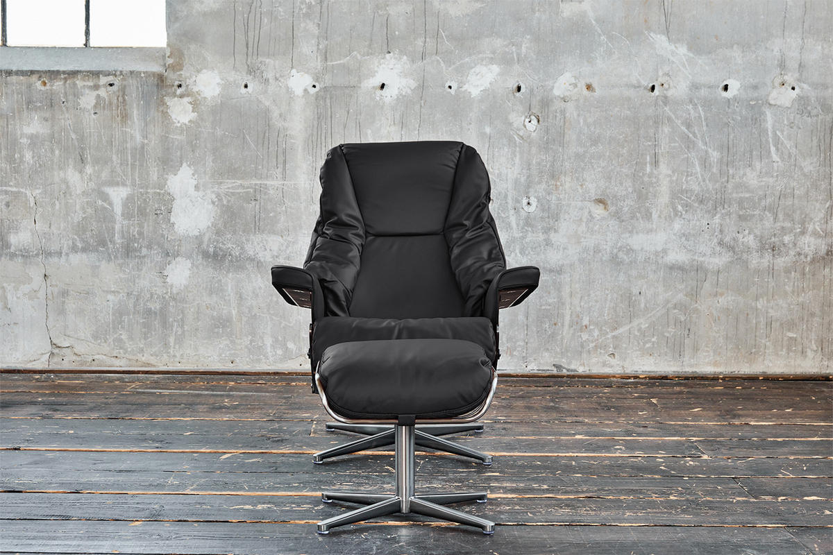 RELAXSESSEL MIT HOCKER MODO Schwarz Leder - Silberfarben/Schwarz, Leder/Metall (81/98/90cm) - KAWOLA