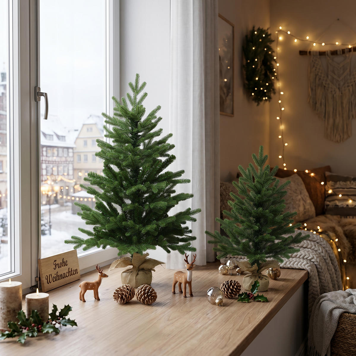 KÜNSTLICHER Weihnachtsbaum 2er Set, 60 & 90 cm, Fichten-Optik - Grün, Kunststoff (95cm) - Hometopia