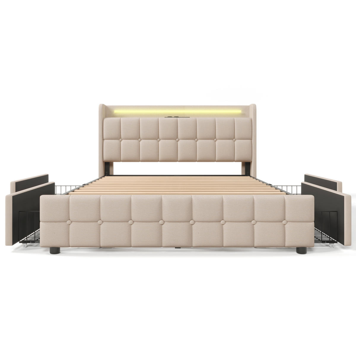 ČALOUNĚNÁ postel 180/200 cm s LED osvětlením, USB zásuvkami a 4 zásuvkami, Béžová - béžová, dřevo (180/180cm) - Redom