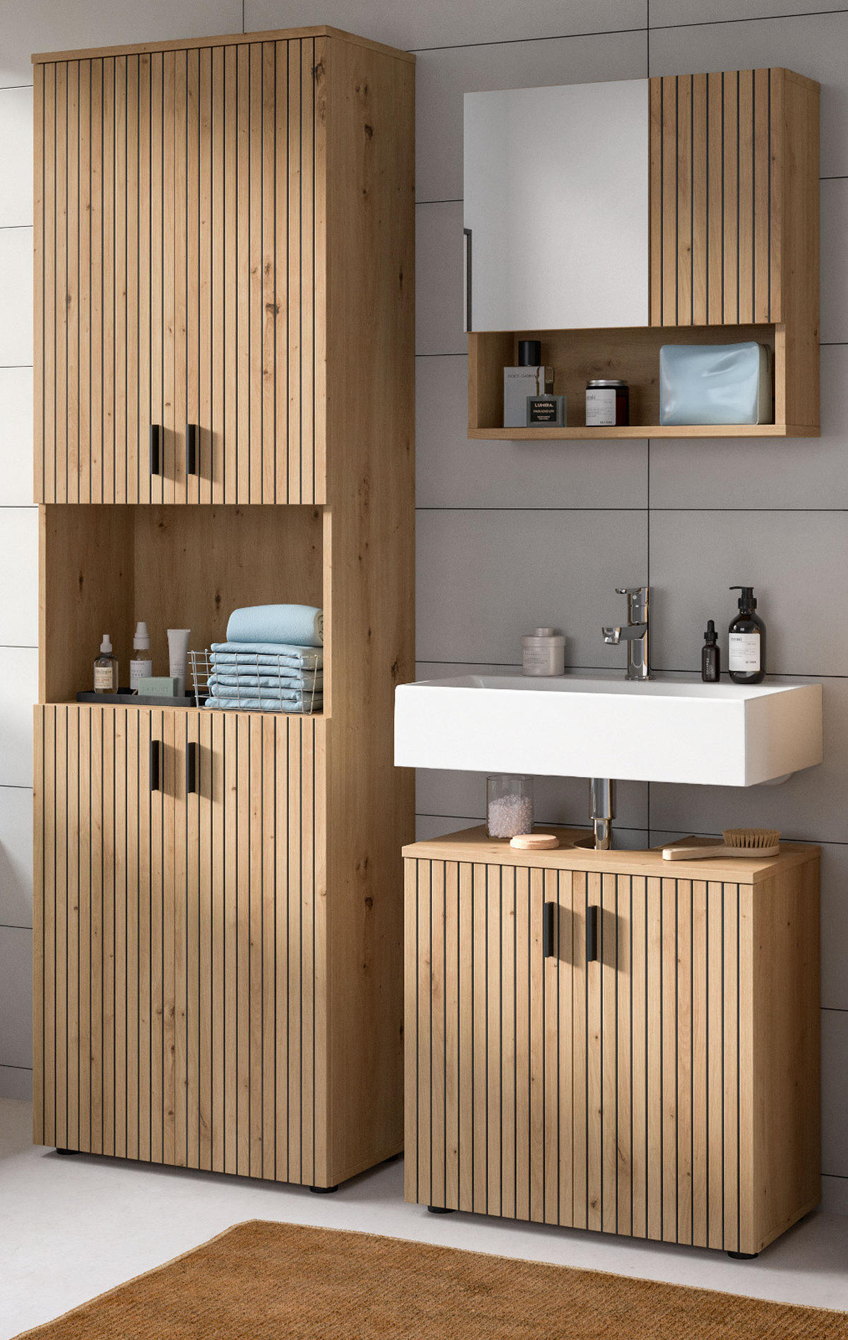 BADMÖBEL-SET Eiche 3-teilig 135 cm, Badezimmereinrichtung mit Rillen-Optik - Schwarz/Eiche Artisan, Glas/Holzwerkstoff (135/192/30cm) - Inn.Furn