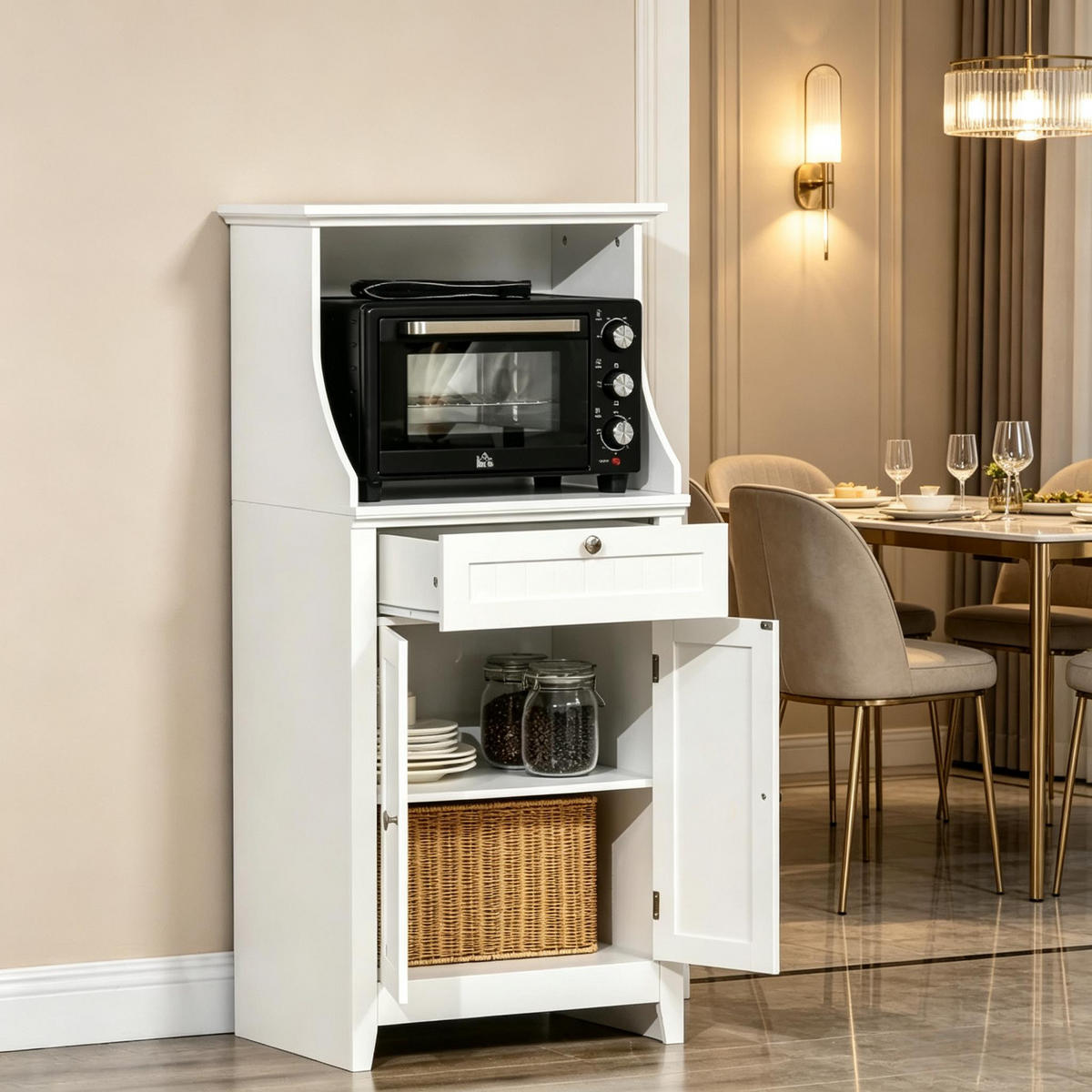 HIGHBOARD DE-38817 60/40/122,5 cm Mikrowellenfach und Schublade Weiß - Weiß, Holzwerkstoff (60/122.5/40cm) - ComfortXL
