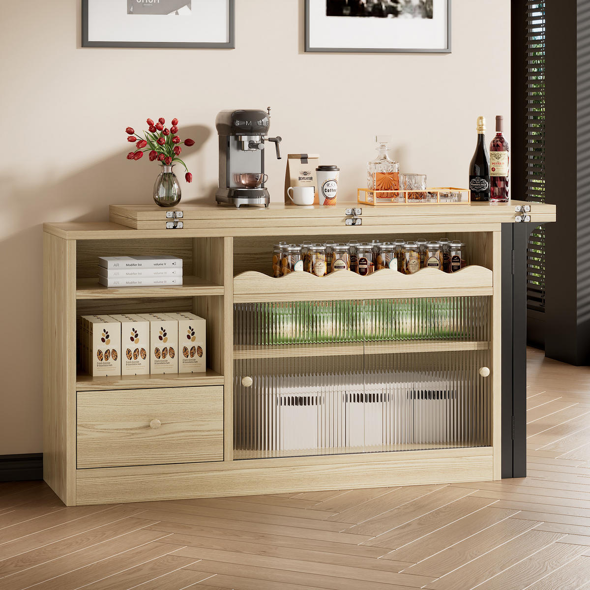 BARTISCH 160/80/75 cm schwarz mit Stauraum und 360° drehbar - Naturfarben, Holzwerkstoff (120/75/110cm) - OKWISH