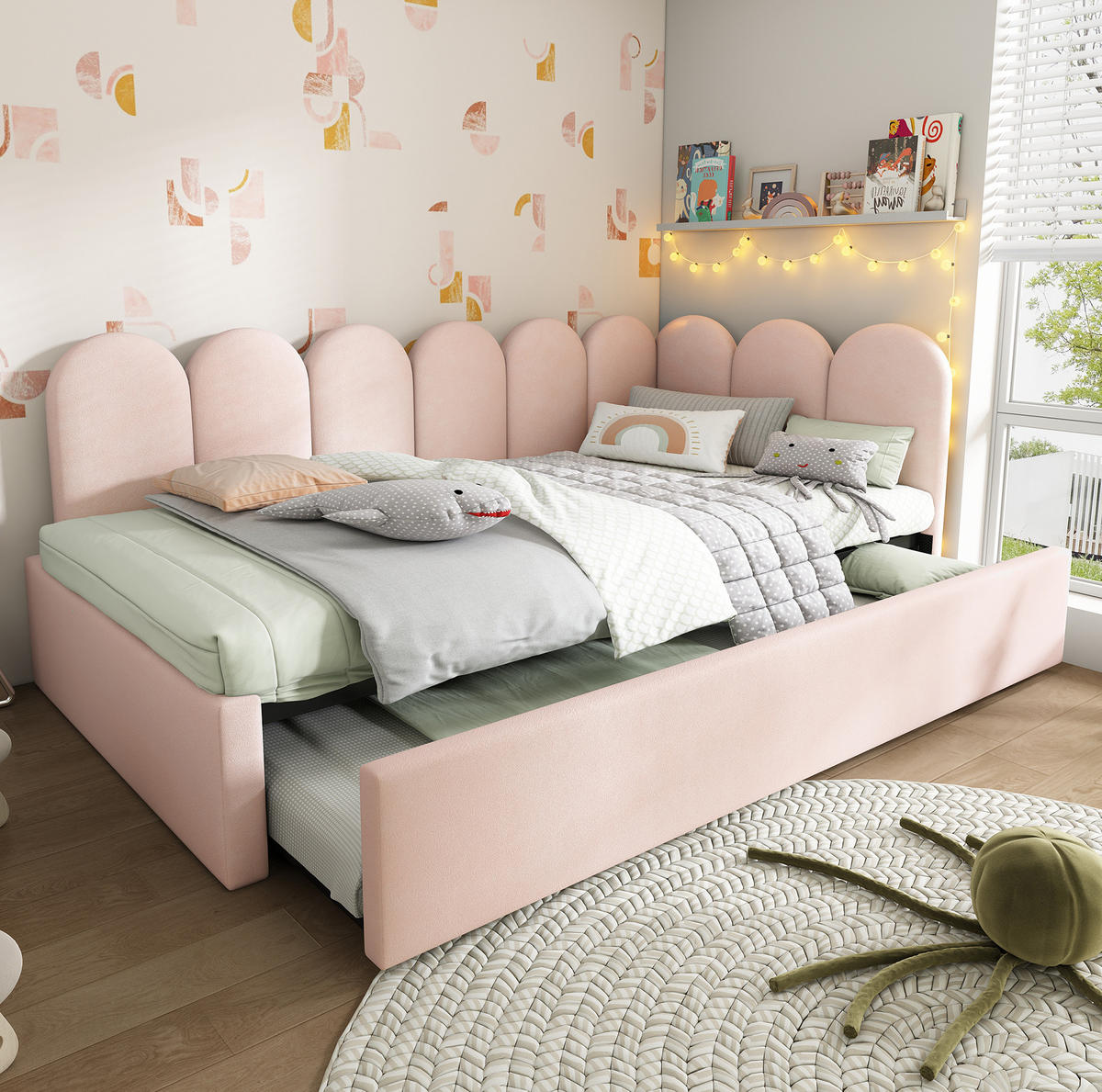 AUSZIEHBETT 90/200 cm Rosa aus Samt mit Lattenrost und Ausziehbett - Rosa, Textil (90/200cm) - Flora Grace