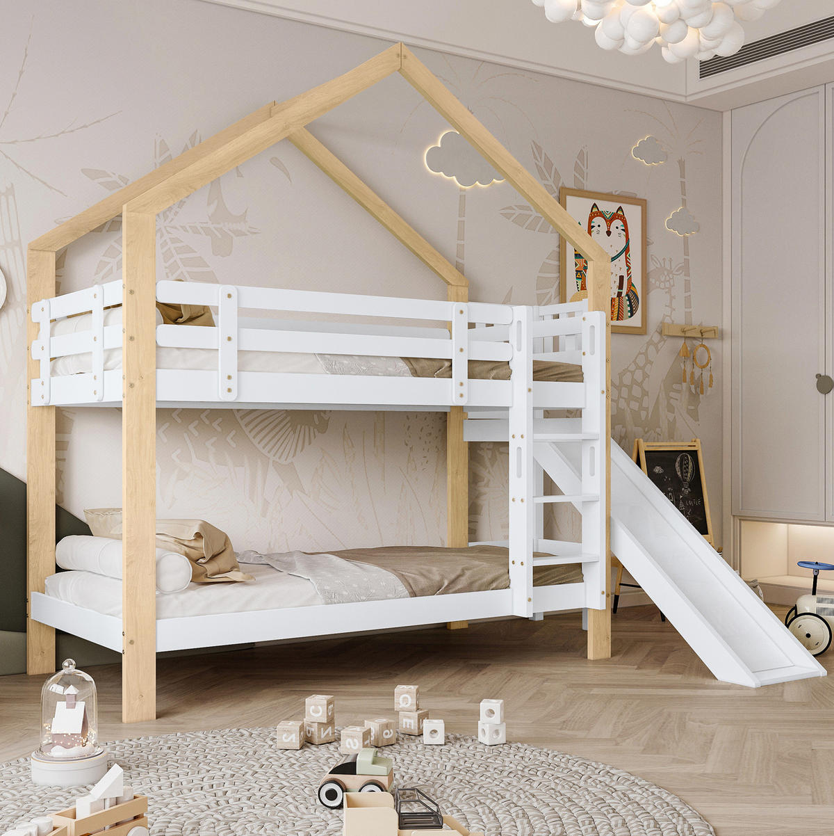 HAUSBETT 90/200 cm Weiß/Natur mit Rutsche und Absturzsicherung - Weiß, Holzwerkstoff (90/200cm) - Flora Grace